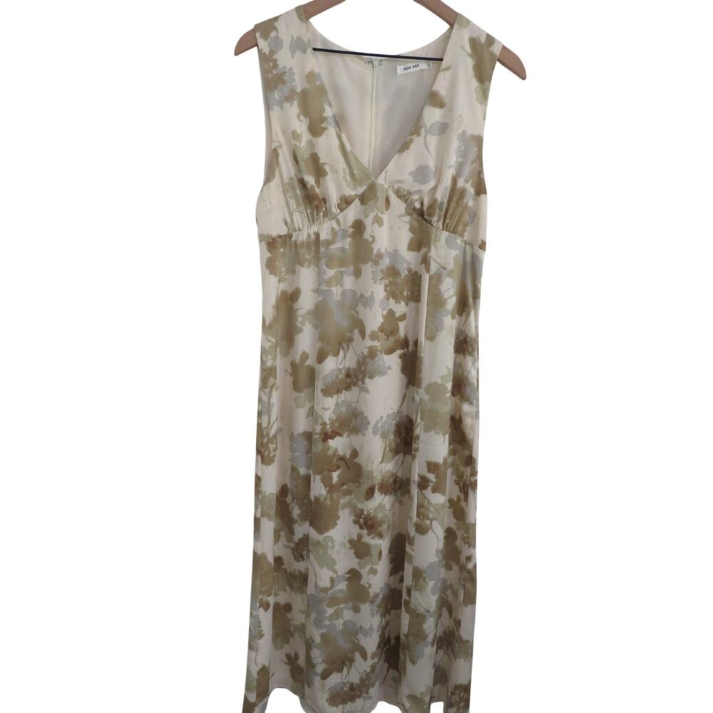 Mod Ref Women Sz L Cream Brown Floral Ruffle Tiered Midi Dress Boho Cottagecore
